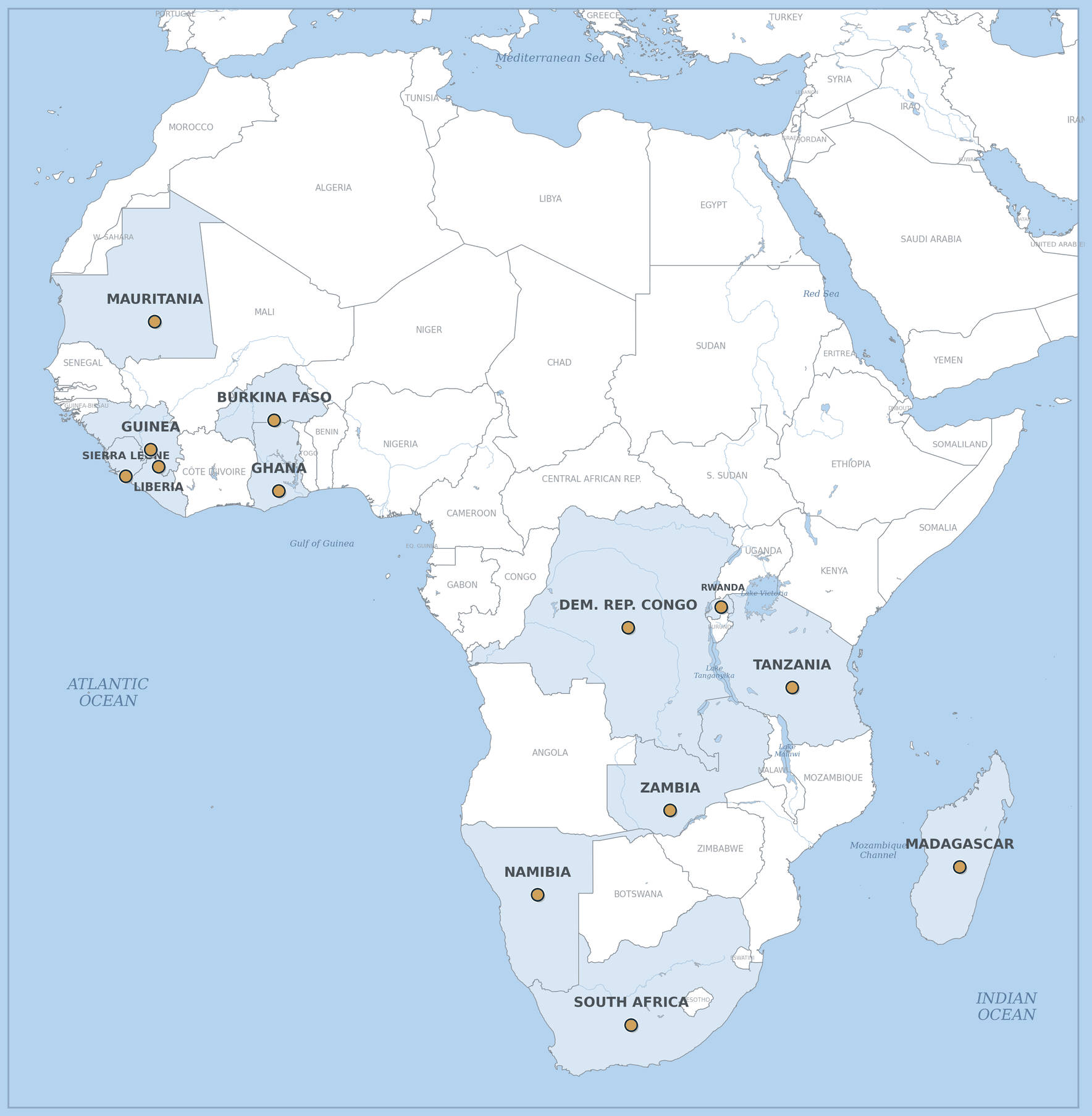 Map of Africa marking Templeton Global Search completed mandate countries: Burkina Faso, Ghana, Guinea, Liberia, Mali, Mauritania, Sierra Leone, Democratic Republic of the Congo, Rwanda, Namibia, South Africa, Zambia, Madagascar and Tanzania.