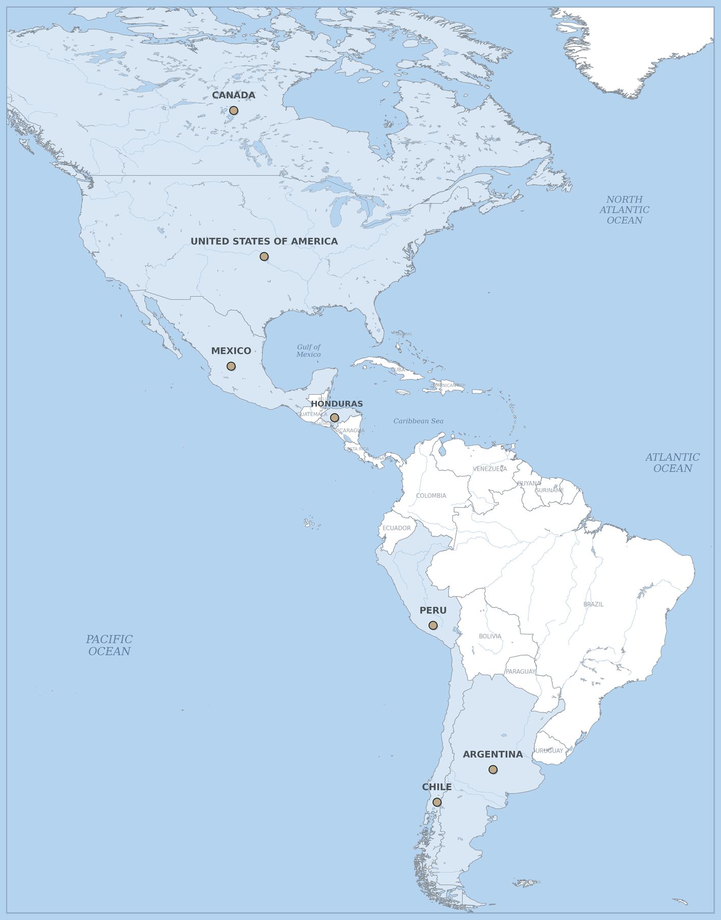 Map of the Americas marking Templeton Global Search completed mandate countries: Canada, United States, Mexico, Honduras, Peru, Chile and Argentina.