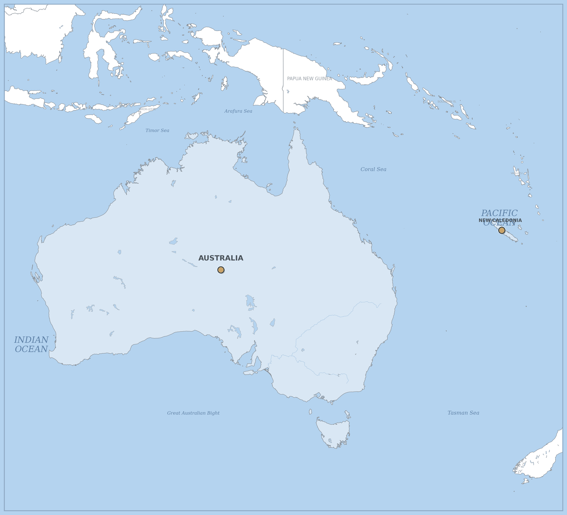 Map of Australasia marking Templeton Global Search completed mandate countries: Australia and New Caledonia.