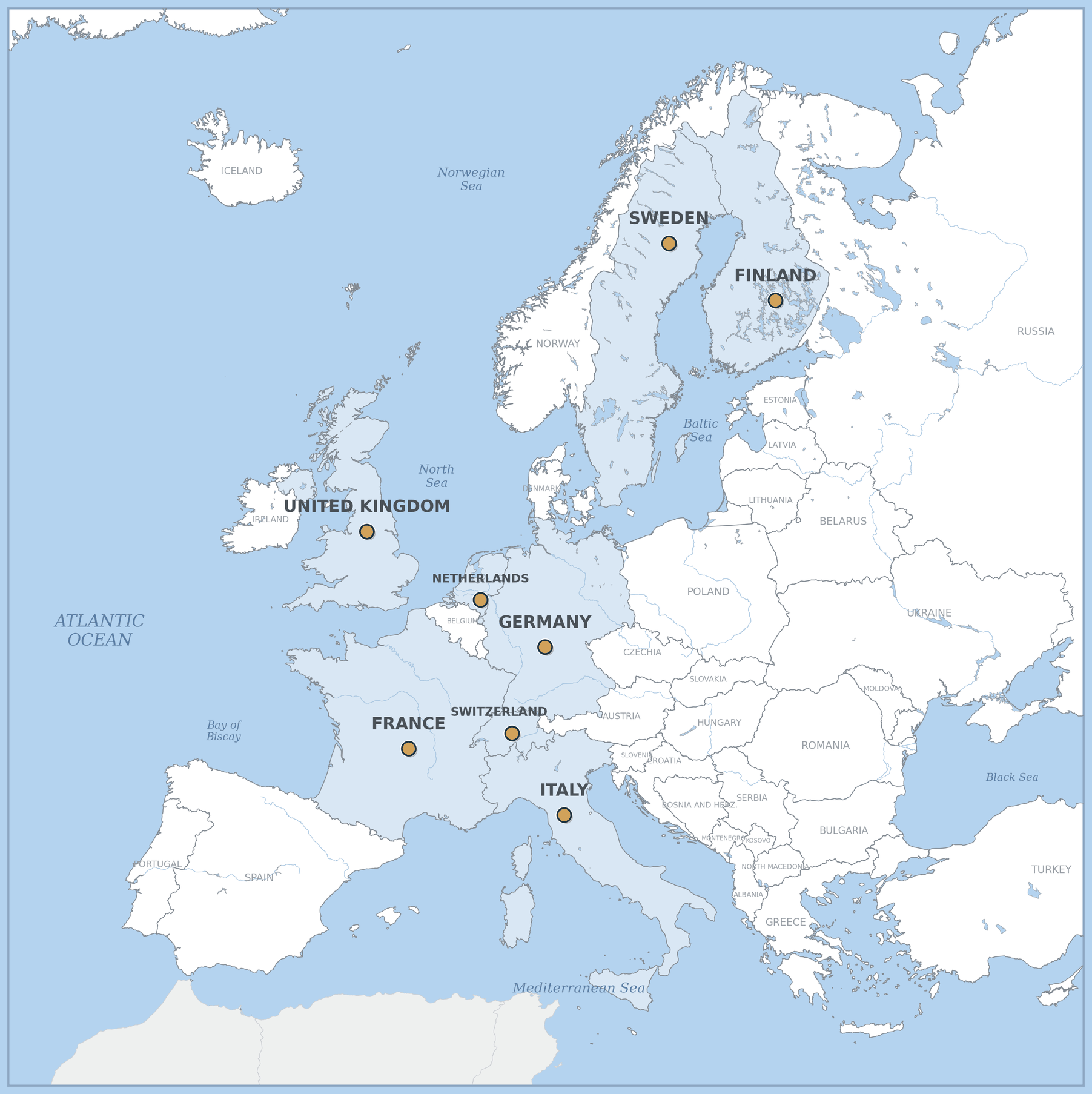 Map of Europe marking Templeton Global Search completed mandate countries: the United Kingdom, France, Germany, Italy, the Netherlands, Switzerland, Finland and Sweden.