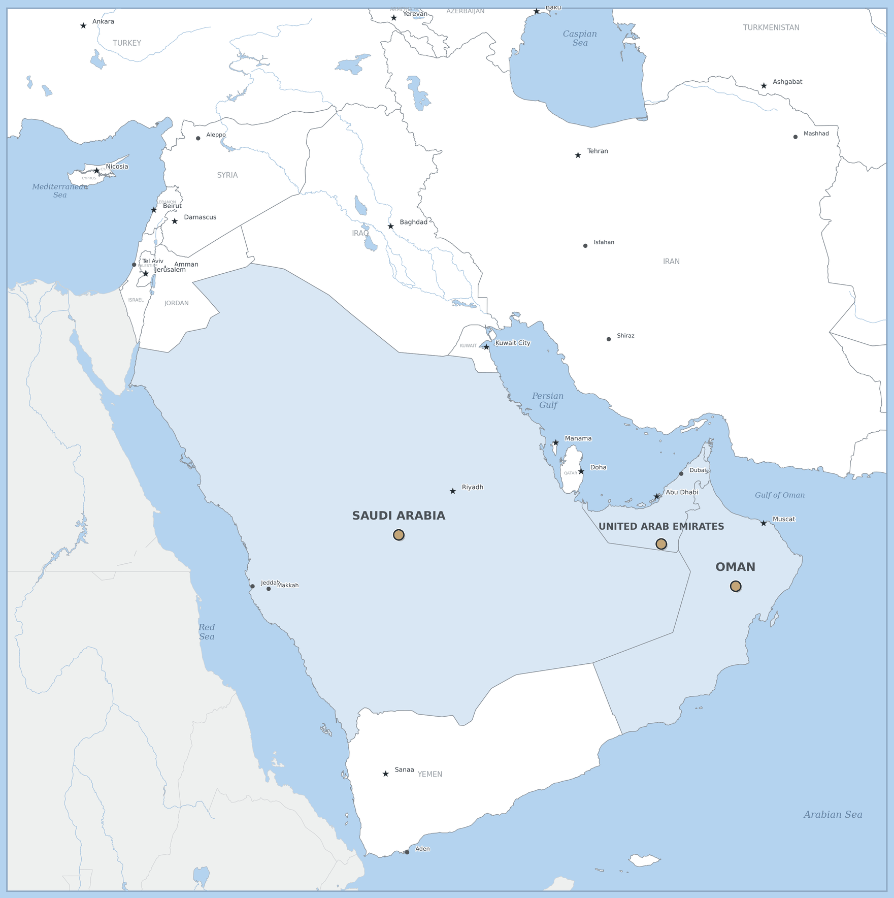 Map of the Middle East marking Templeton Global Search completed mandate countries: Saudi Arabia, Oman and the United Arab Emirates.